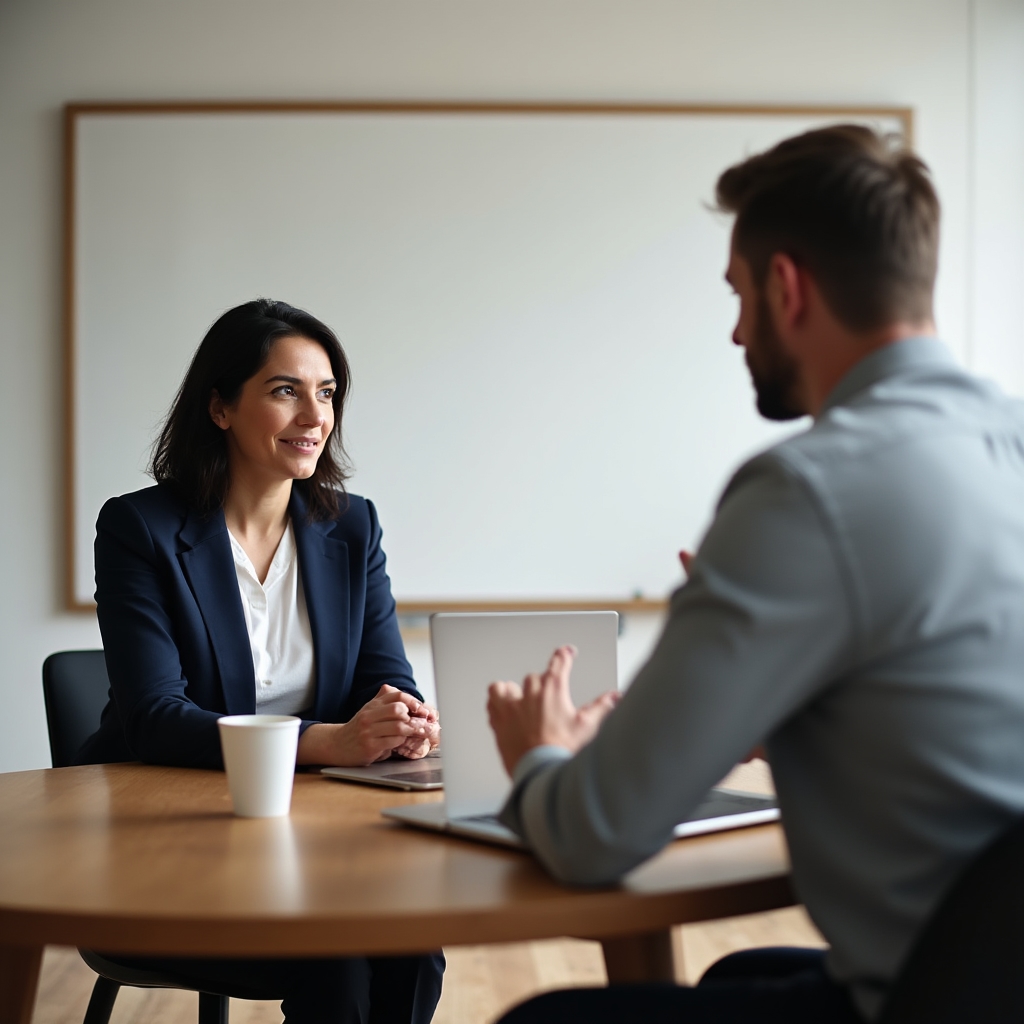 Business owner and consultant having a relaxed initial discussion at a modern office table