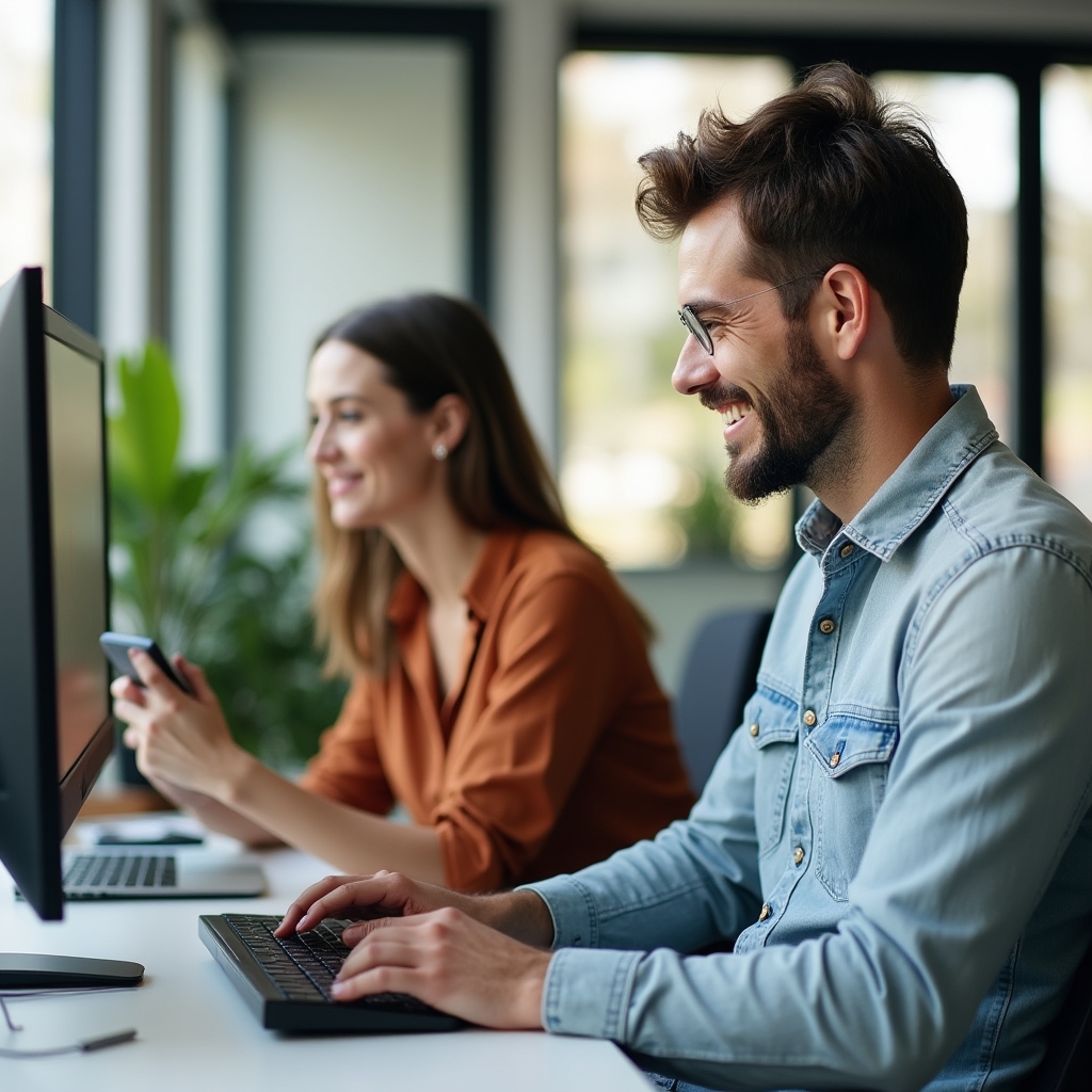 Team members using a digital messaging platform on their devices in an open office space