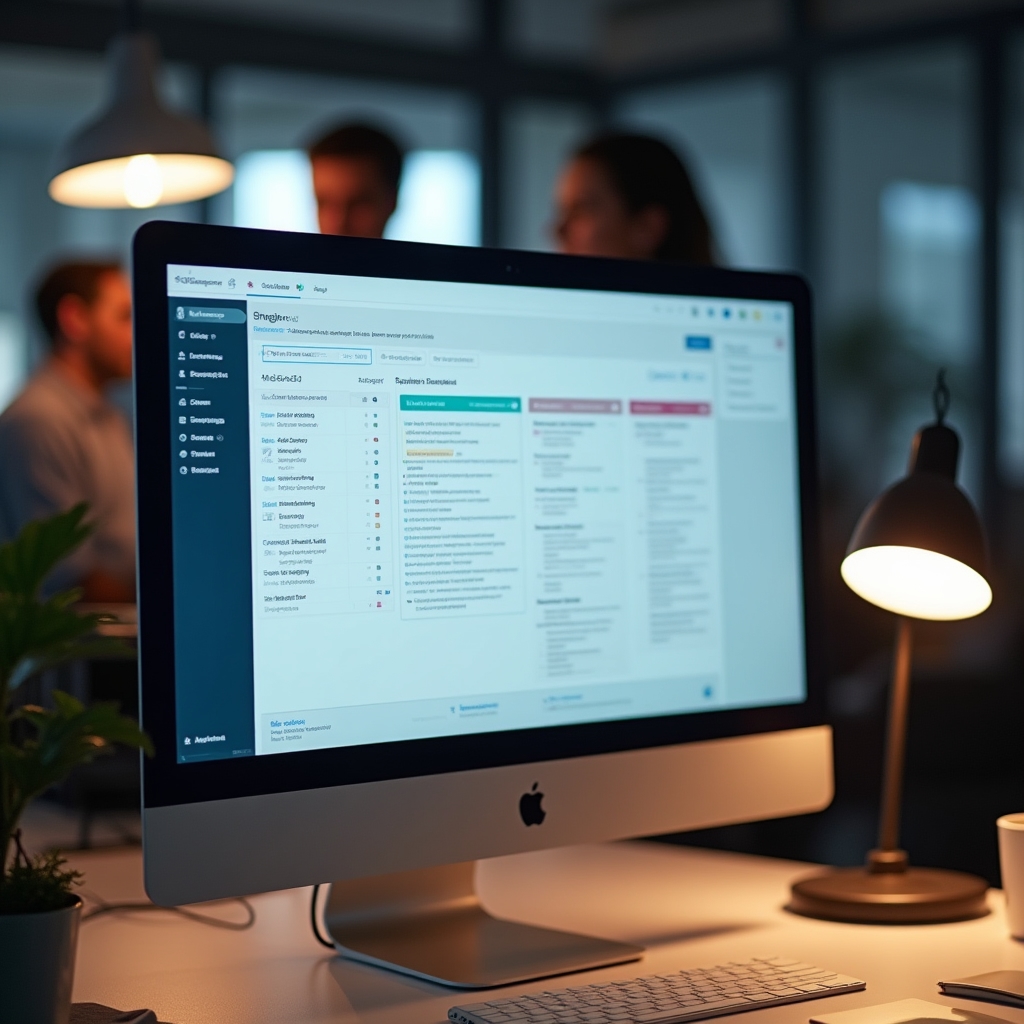 Digital project management board displayed on a monitor in a small business office environment