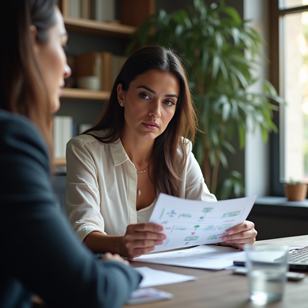 Small business owner reviewing a workflow diagram with a consultant in a well-lit modern workspace
