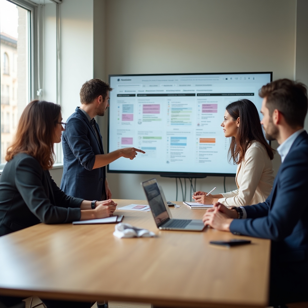 Small business team collaborating on a digital project management board