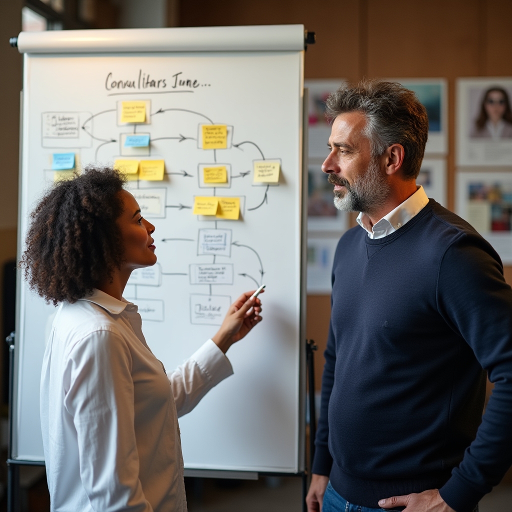 Consultant and business owner mapping out workflow on a whiteboard with sticky notes and markers